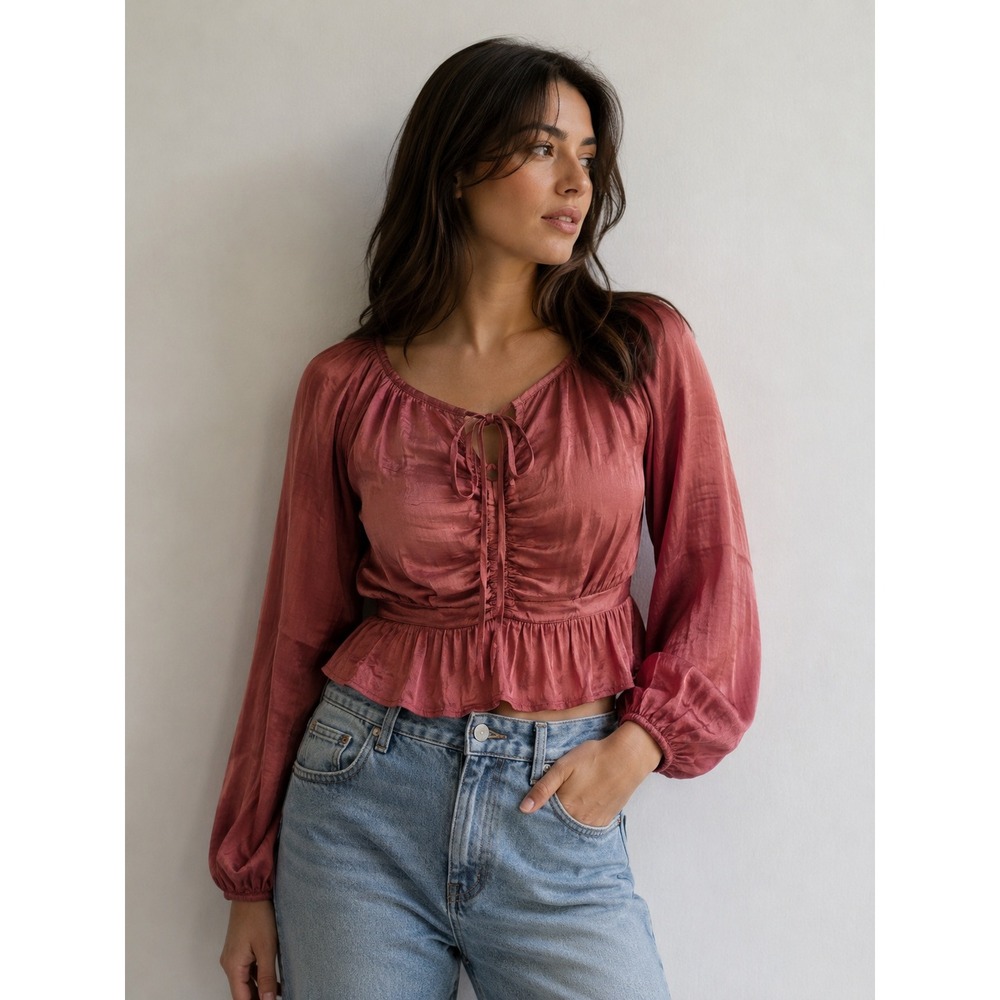 NWT Promesa Womens Blouse Top Large Salmon Pink Ruched Cottagecore Boho